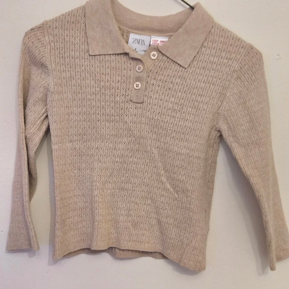 Zara Kids Beige Pointelle Knit‎ Polo Shirt Long Sleeve Tan Size 5 110cm